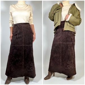 SANDRA ANGELOZZI Brown suede leather maxi skirt with embroidery
